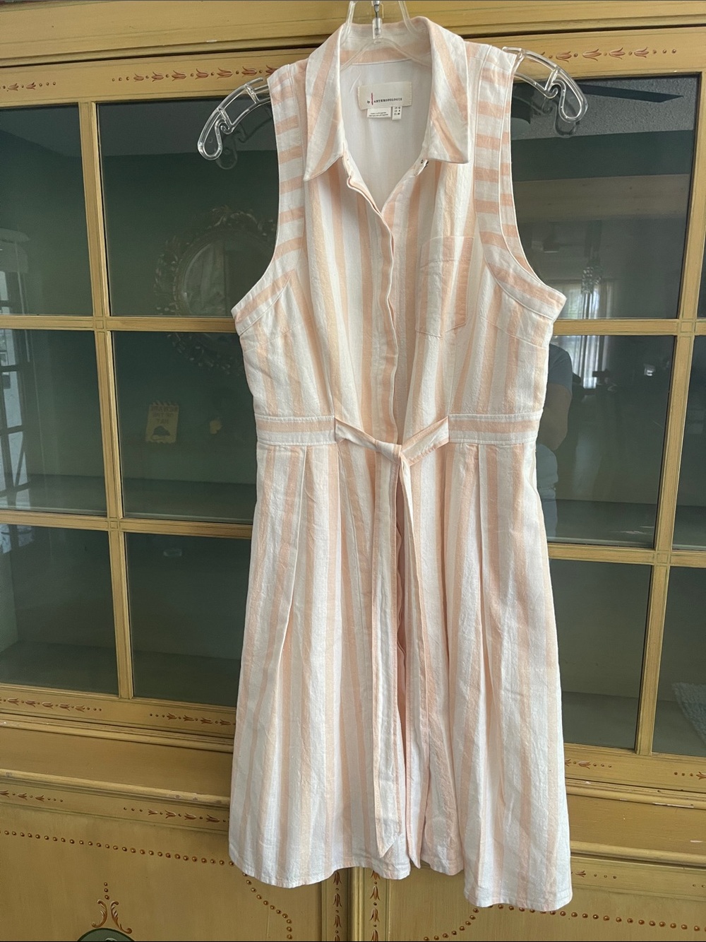 ANTHROPOLOGY Size 8 Sleeveless Striped Shirt Dress — Soft Peach/White